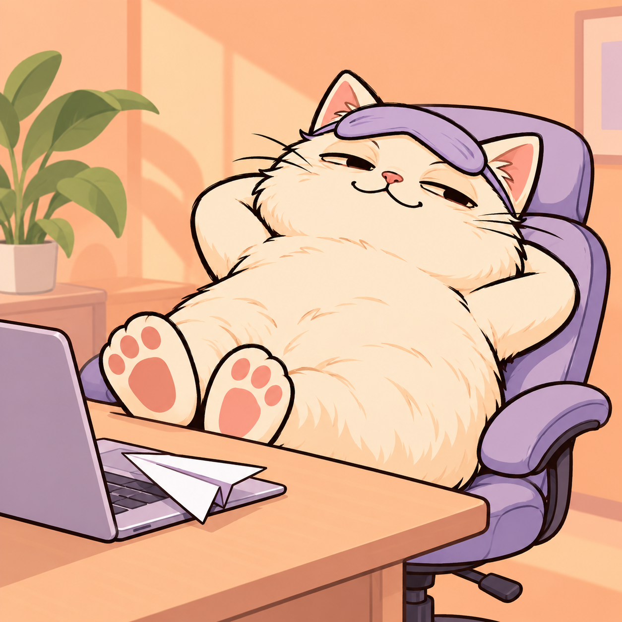 Lazy Legend's sleepy cream-colored cat reclining in a purple office chair with its paws on the desk