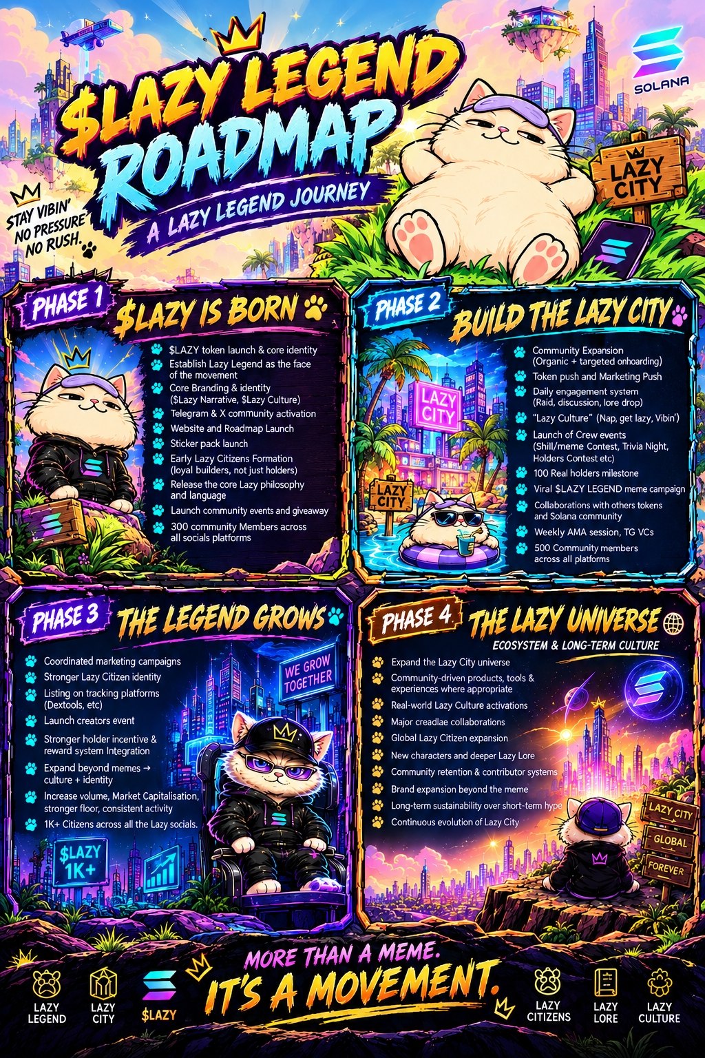 Illustrated Lazy Legend roadmap featuring the sleepy cat and four phases of Lazy City